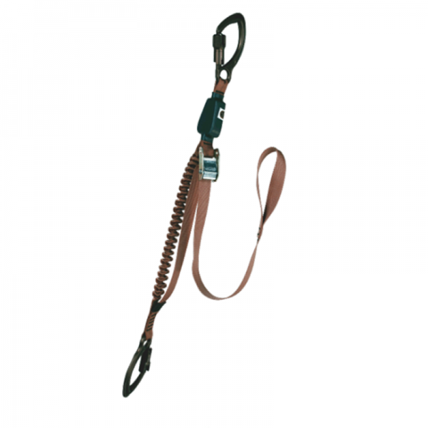 A 567 SF PERSONAL RETENTION LANYARD W/ ALUMINUM YATES CAPTIVE EYE CARABINERS with a hook attached to it.