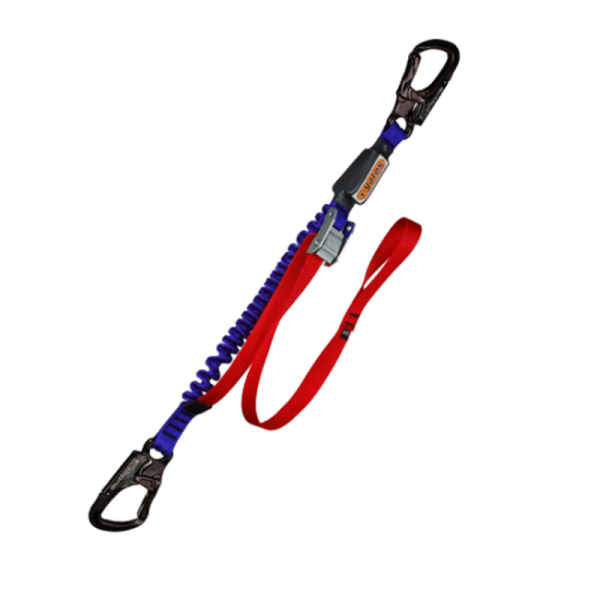 A blue and black 567 SF PERSONAL RETENTION LANYARD W/ ALUMINUM YATES CAPTIVE EYE CARABINERS with a hook attached to it.