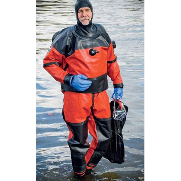 A man in a DUI Mens CXO100 Public Safety Drysuit standing in the water.