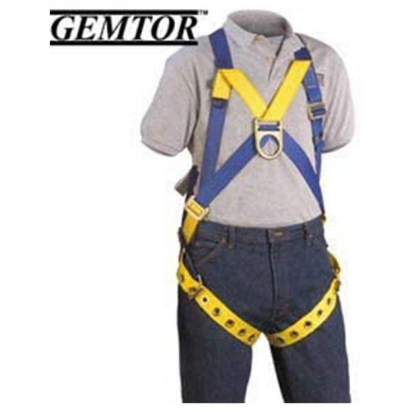 An image of a man wearing a Harness, lightweight, polyester, tongue buckle leg straps, sub-pelvic, Front D-ring (climbing/positioning).