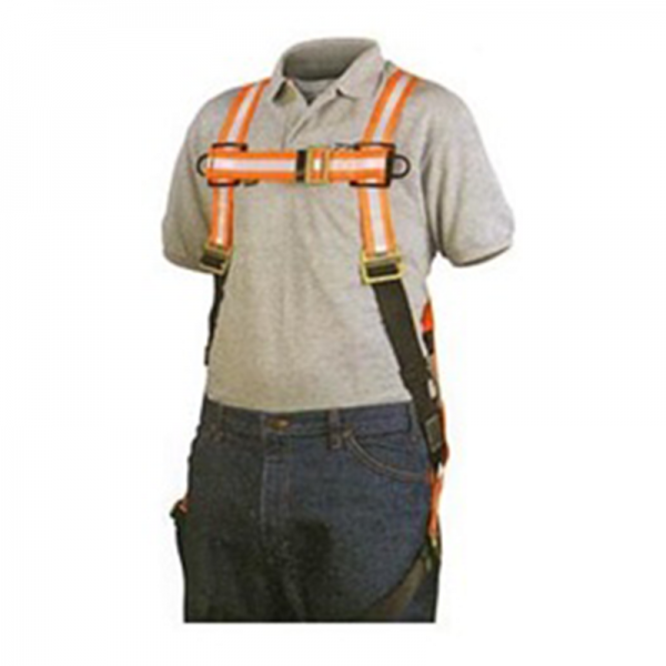 A man wearing a Harness, lightweight, polyester, tongue buckle leg straps, sub-pelvic, Front D-ring (climbing/positioning), Hip D-rings.