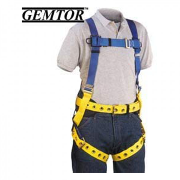 A man wearing a yellow and blue {Harness, polyester, back D-ring, tongue buckle waist belt/legs, quick connect chest, back pad, construction style} safety harness.