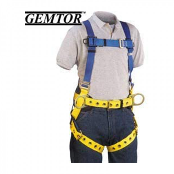 A yellow and blue Harness, polyester, back D-ring, tongue buckle waist belt/legs, quick connect chest, back pad, construction style with the word gemtor on it.