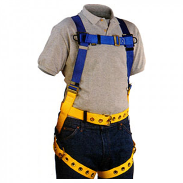 A man wearing a blue and yellow Harness, lightweight, polyester, tongue buckle leg straps/waist belt, quick connect chest strap, sub-pelvic, Hip D-rings.