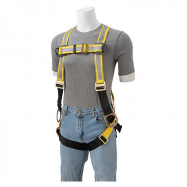 A mannequin wearing a yellow Reflective harness, lightweight, polyester, tongue buckle leg straps, sub-pelvic.