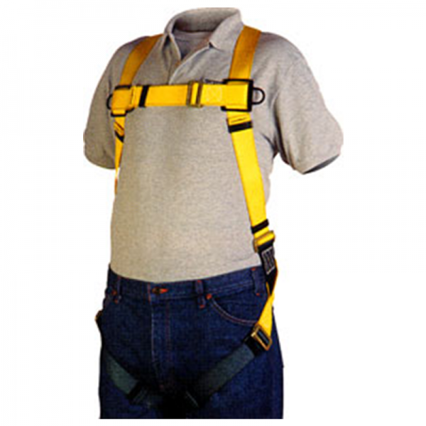 A man wearing a yellow lightweight, polyester, back D-ring, quick connect leg straps harness.