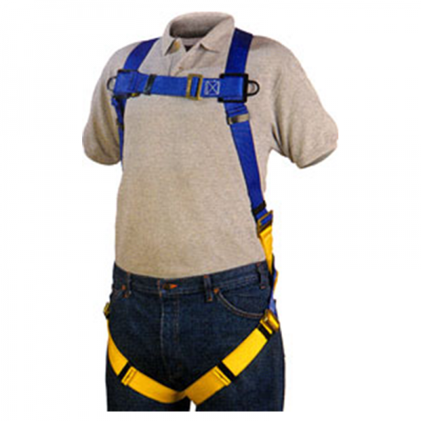 A mannequin wearing a blue and yellow Harness, lightweight, polyester, back D-ring, quick connect leg/chest straps.