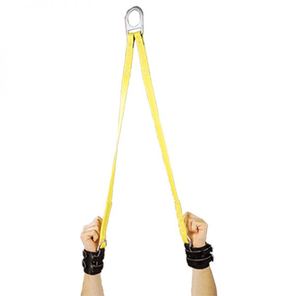 A person holding a yellow tripod on a white background.