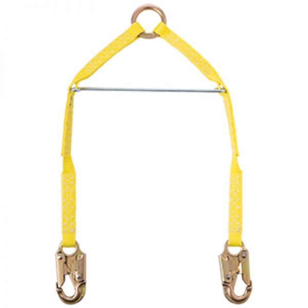 A yellow tripod with two hooks on it.