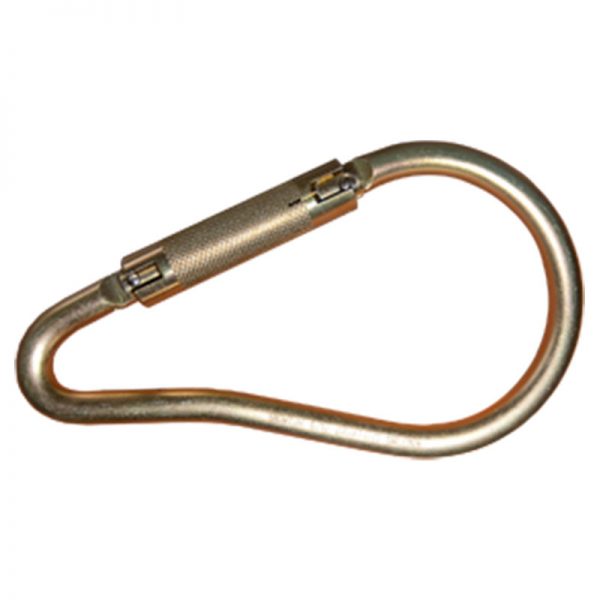 A metal carabiner on a white background.