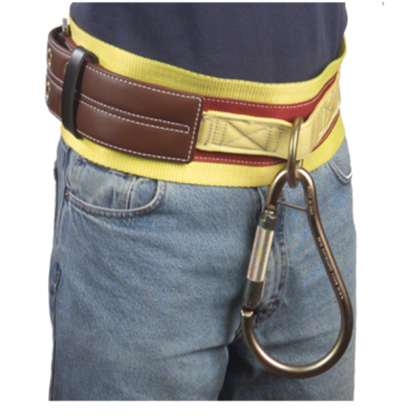 A man wearing a 531 Series Ladder/Escape Belt with a carabiner on it.