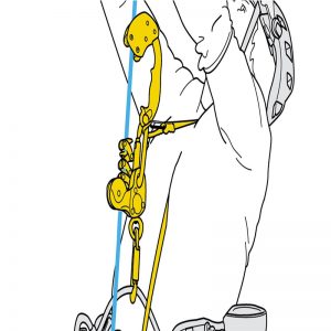 An animated display of a man tying a harness
