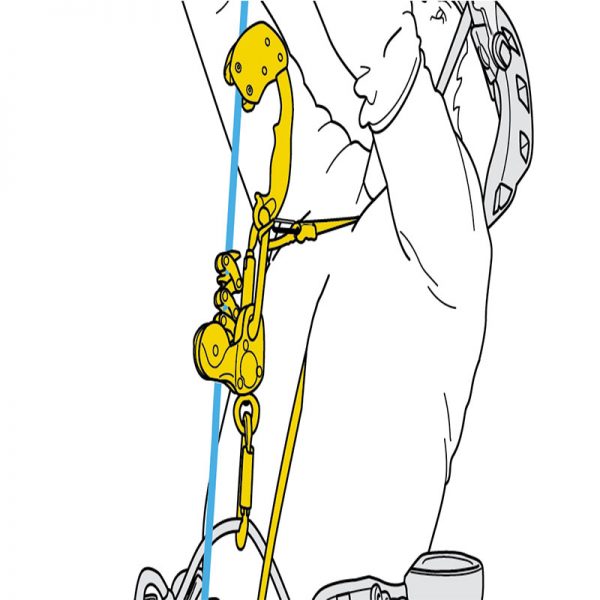 An animated display of a man tying a harness