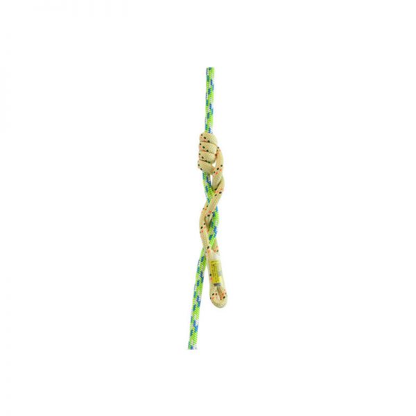 A yellow and green Adjustable Retrievable Anchor with a knot on it.