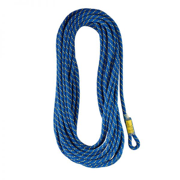 A blue and yellow rope on a white background.