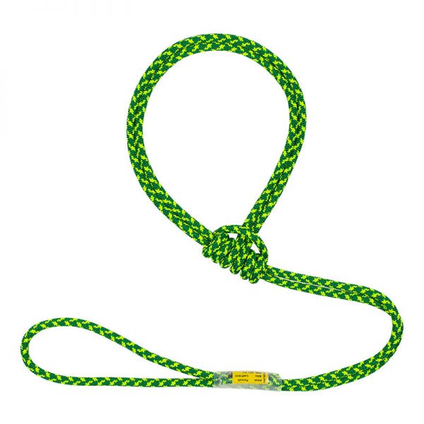 A green and yellow rope leash on a white background.