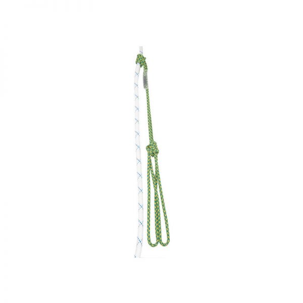 A green rope hanging on a white background.