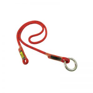 A red rope with a metal ring attached to it.