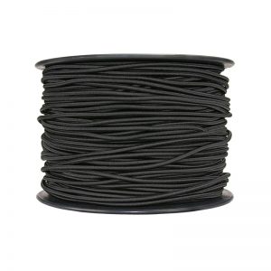 A spool of black cord on a white background.