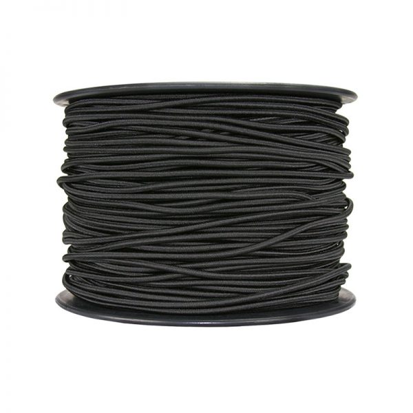 A spool of black cord on a white background.