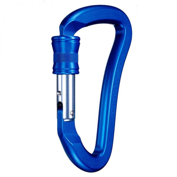 A blue carabiner on a white background.