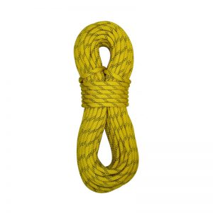 A yellow 9 mm SafetyPro Static Rope on a white background.