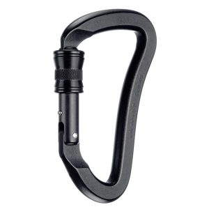 A black carabiner on a white background.