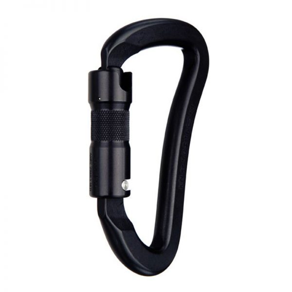 A black carabiner on a white background.