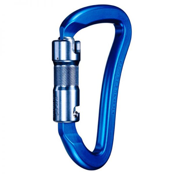 A blue carabiner on a white background.