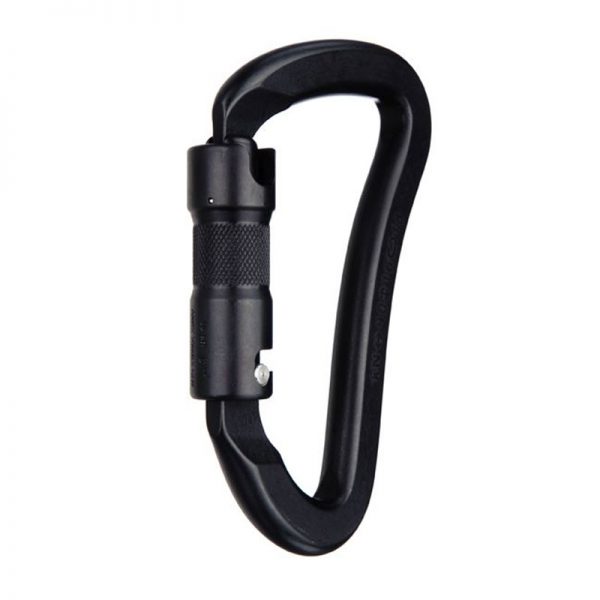 A black carabiner on a white background.