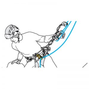 A drawing of a person climbing on a rope showcasing the Compatibility of the first-generation ZIGZAG with CHICANE and KNEE ASCENT.