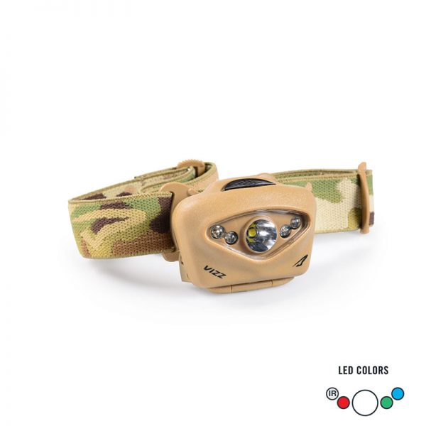A headlamp with a camouflage strap.