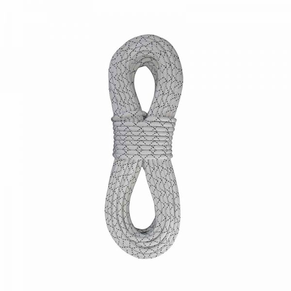 A white rope with a knot on it.