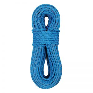 A blue climbing rope on a white background.