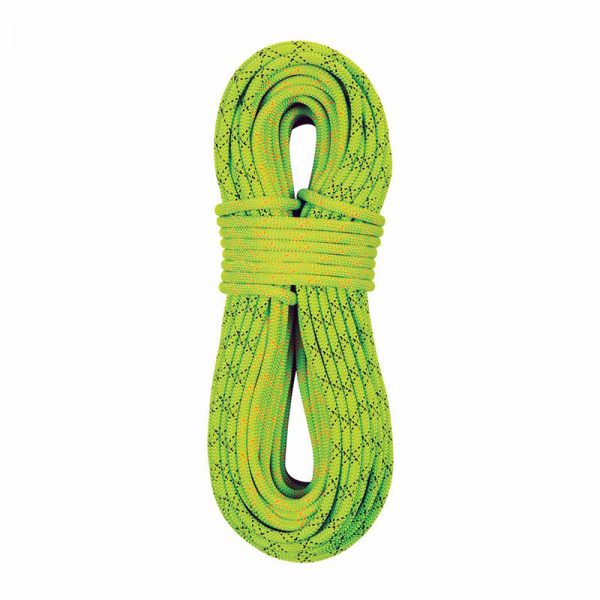 A yellow climbing rope on a white background.