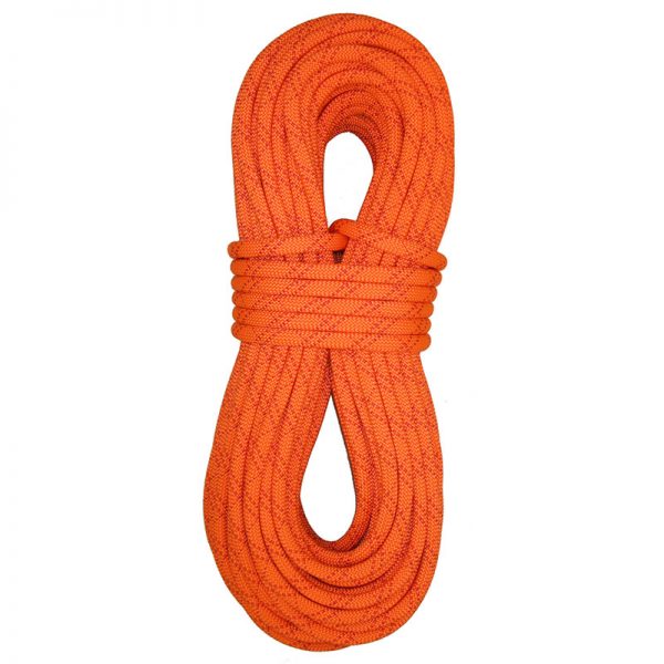 An orange climbing rope on a white background.