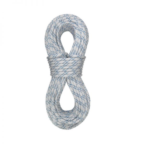 A blue and white rope on a white background.