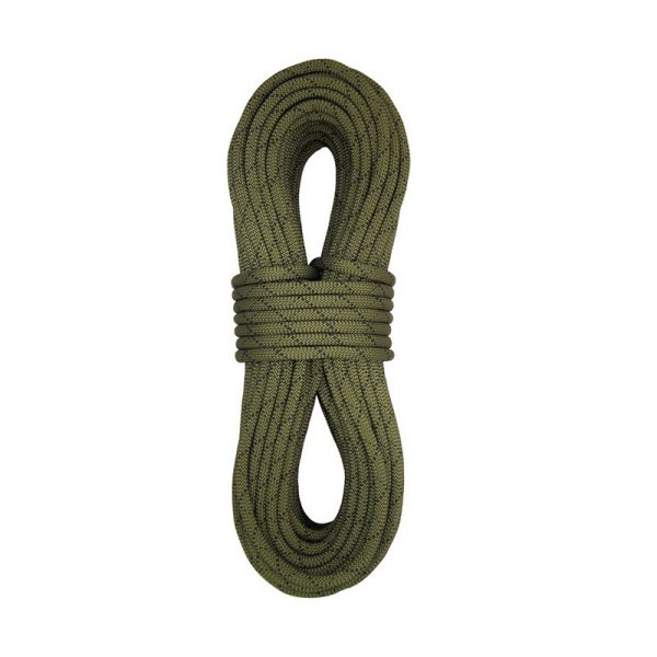 A green climbing rope on a white background.