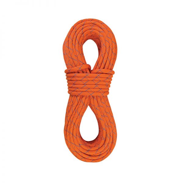 An orange climbing rope on a white background.