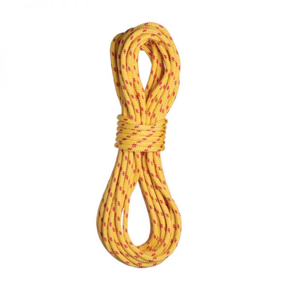 A yellow and red WaterLine Water Rescue Rope on a white background.