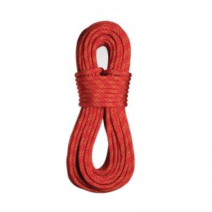 A red climbing rope on a white background.