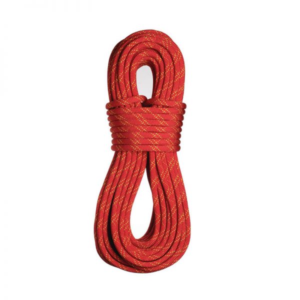 A red climbing rope on a white background.