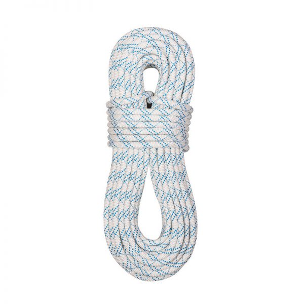 A blue and white rope on a white background.