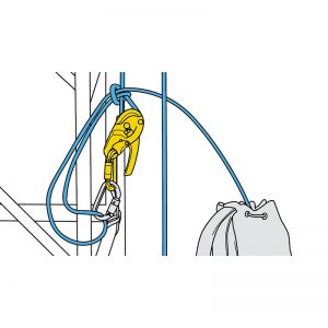 A drawing of a releasable anchor with the RIG: lowering system pre-installed on the ground with a rope attached to it.