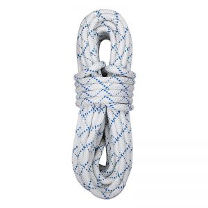 A white and blue rope on a white background.