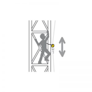 An illustration of a person using the Releasable anchor with the RIG: lowering system pre-installed on the ground to climb up a tower.