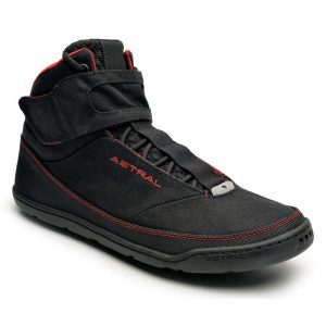 A black and red Astral Hiyak Water Shoe on a white background.