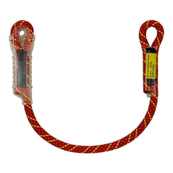 An Ultimate Positioning Lanyard, red and yellow in color, with a hook attached to it.