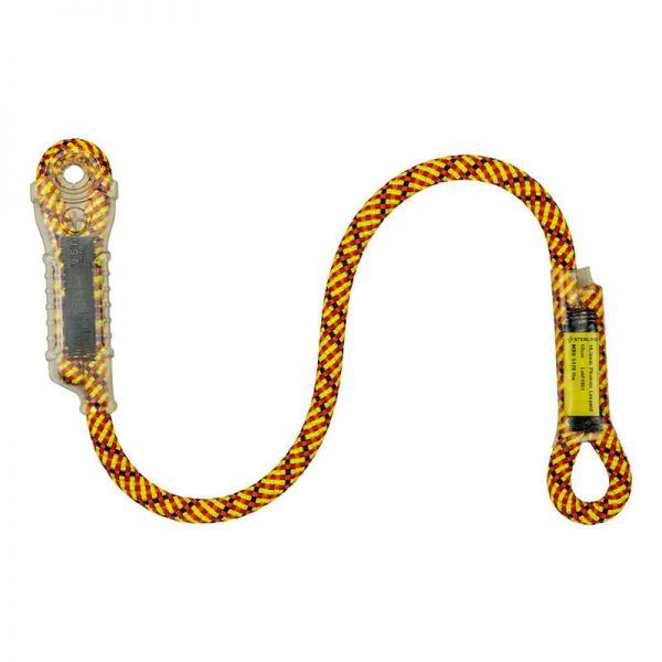 An orange and yellow Ultimate Positioning Lanyard with a hook attached to it.