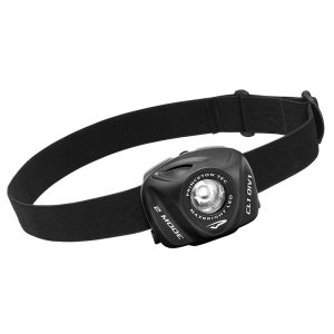 A black headlamp with a strap on it.
